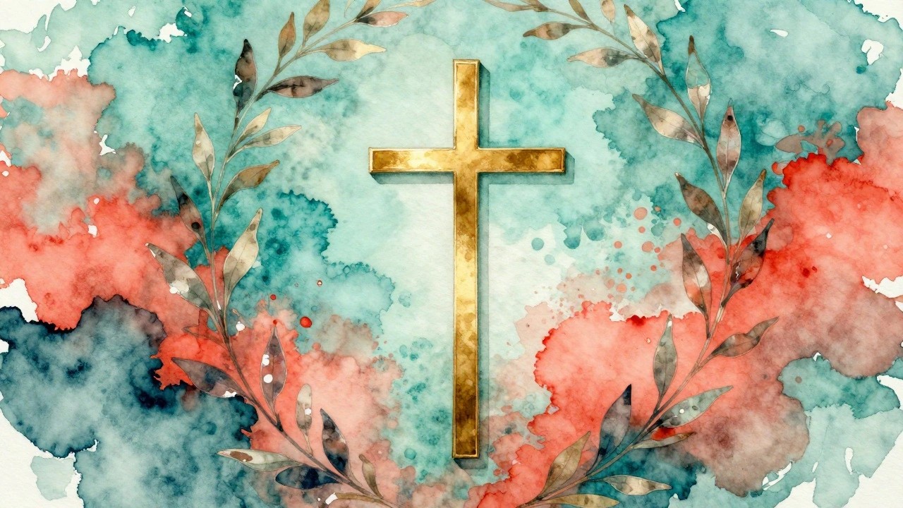 Gold cross centered on blue watercolor background within coral teal leaf wreath