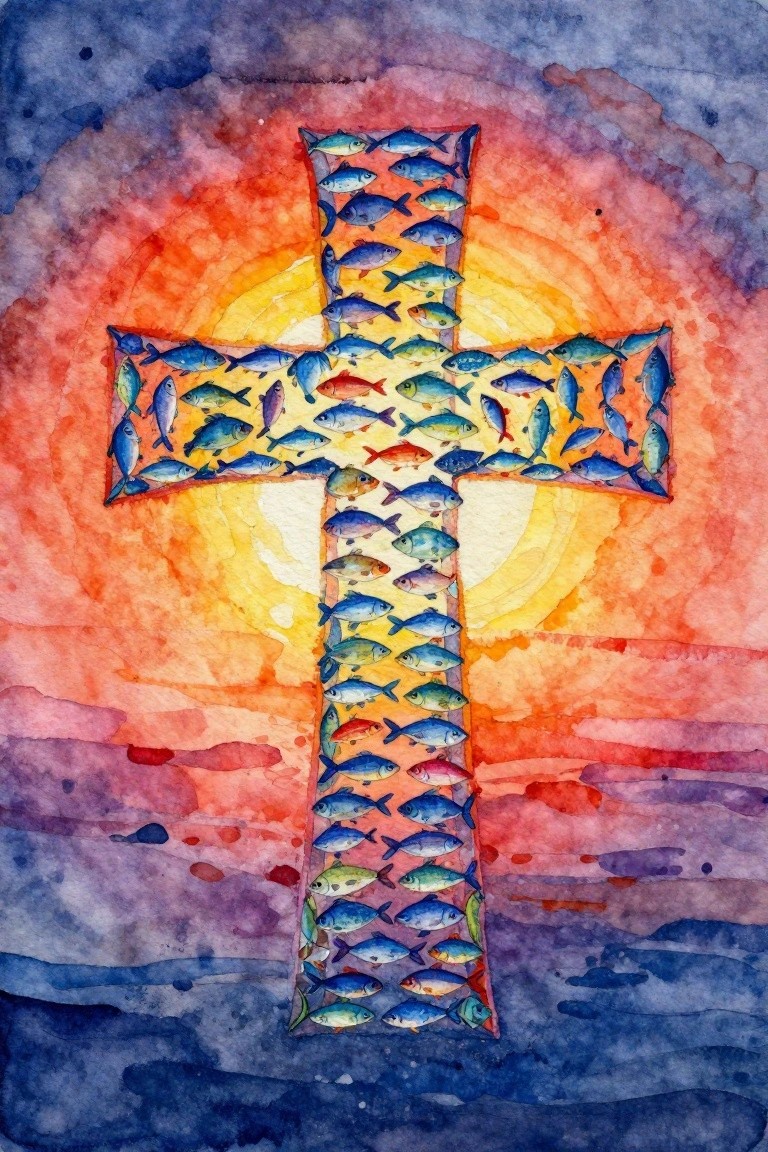 A watercolor painting showing a cross shape filled with many small blue and multicolored fish against a blended orange, yellow, and blue background.