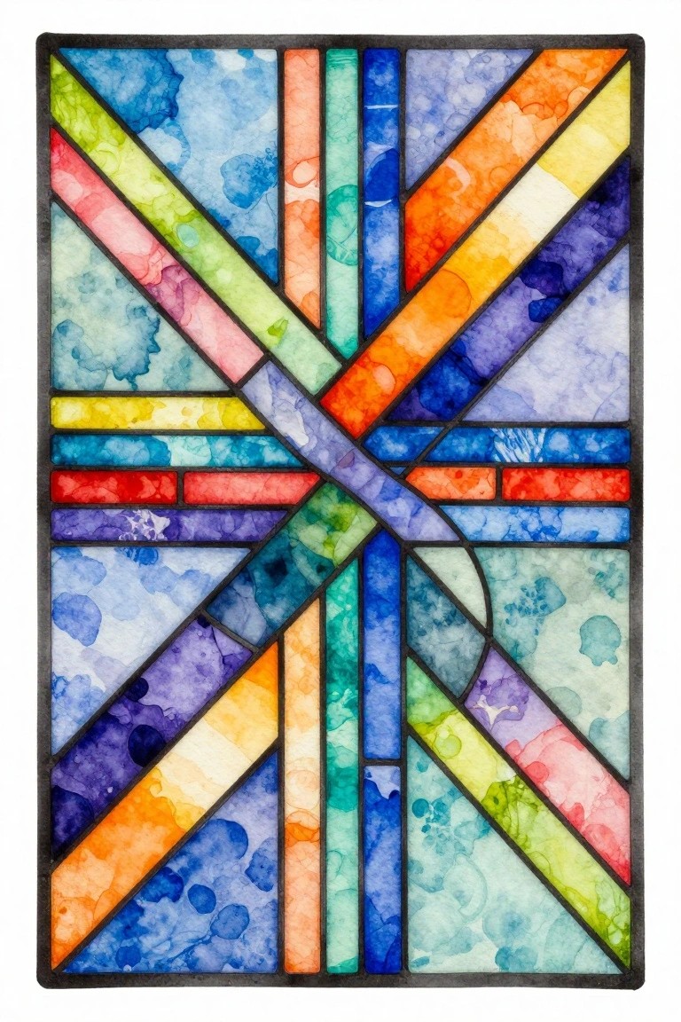 Vibrant abstract stained glass panel with colorful geometric patterns and crossing lines