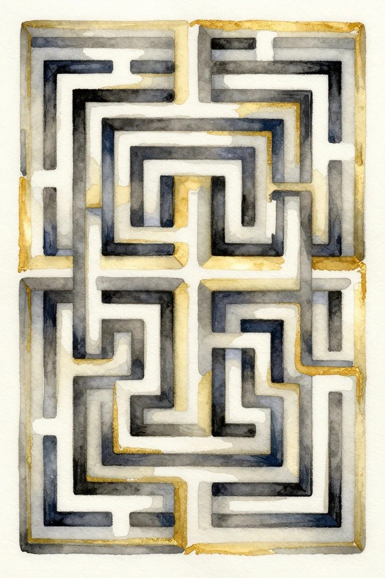 Watercolor maze with interlocking paths in black, gray, and gold tones.