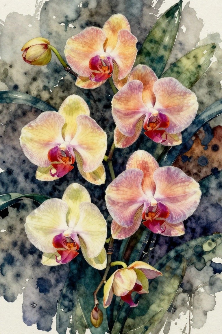 Watercolor orchids with yellow-pink petals, magenta centers, and green leaves on dark splattered background