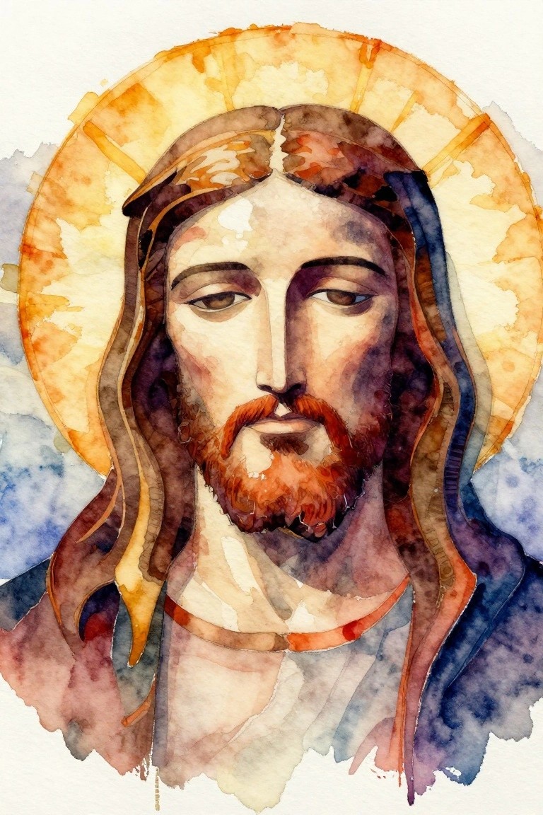 Watercolor portrait of Jesus with crown of thorns and luminous golden halo
