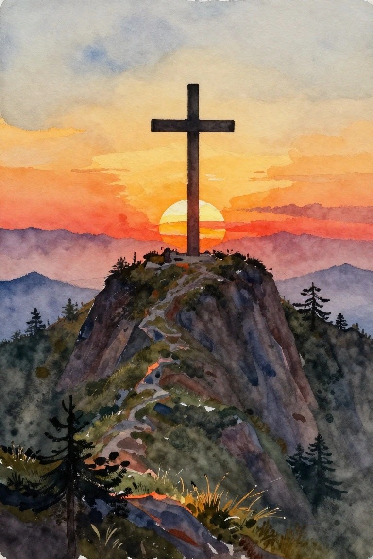 Wooden cross atop rocky mountain peak against vibrant orange-red sunset sky