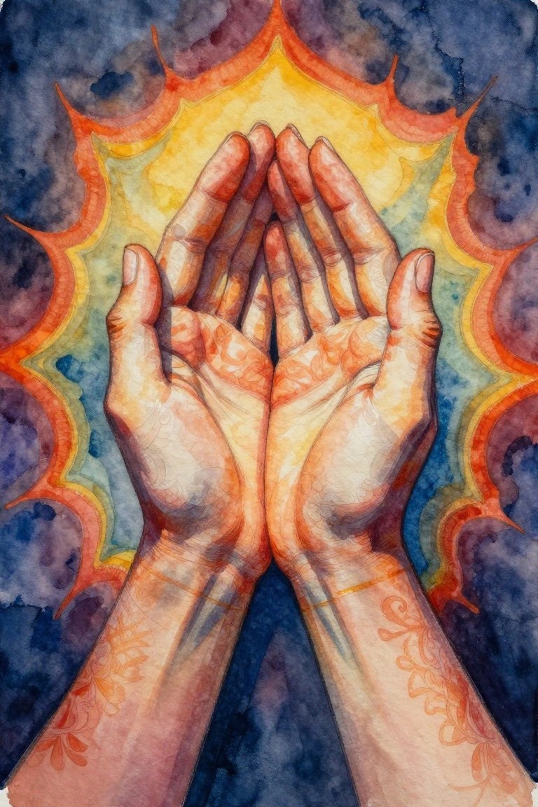 Two hands with henna patterns raised before a radiant watercolor sunburst.