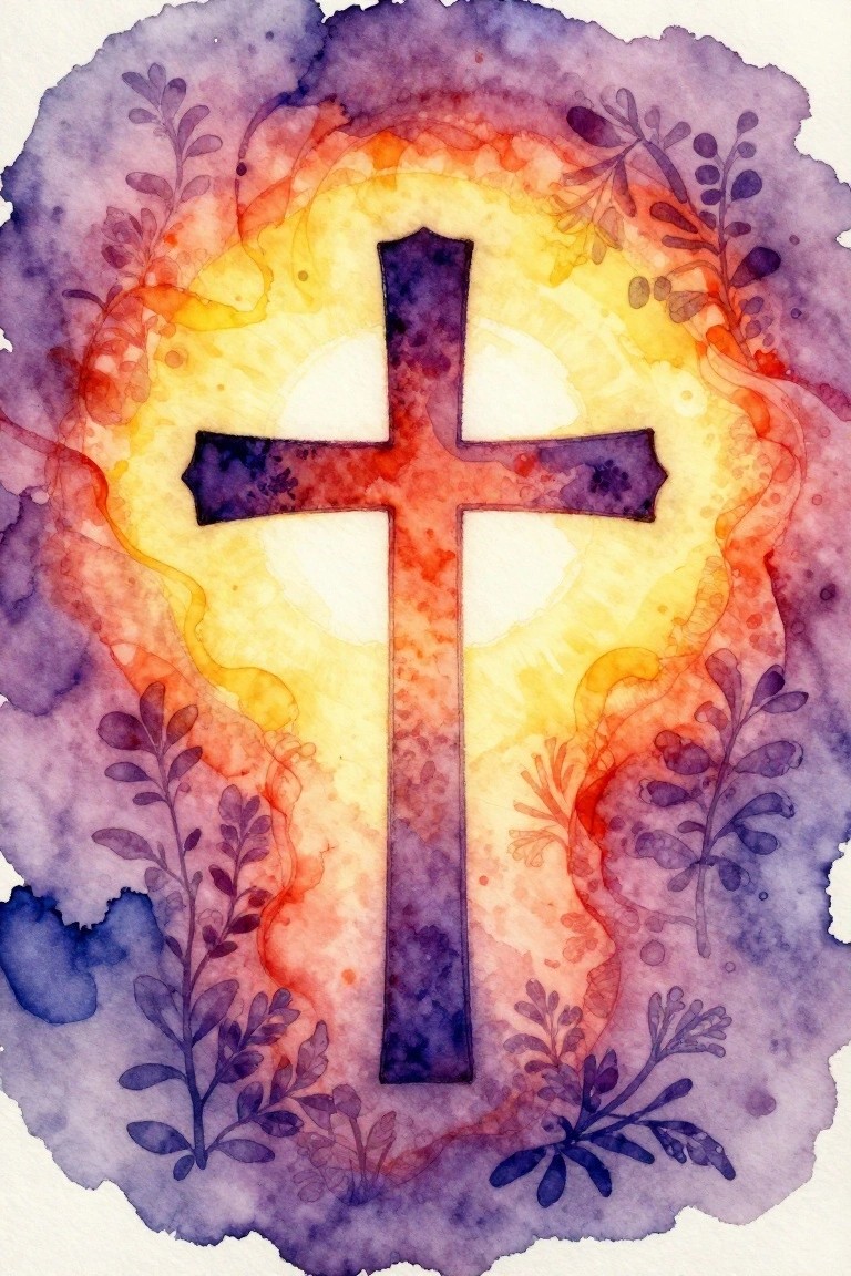 Purple cross in radiant yellow-orange watercolor glow with purple leafy vines