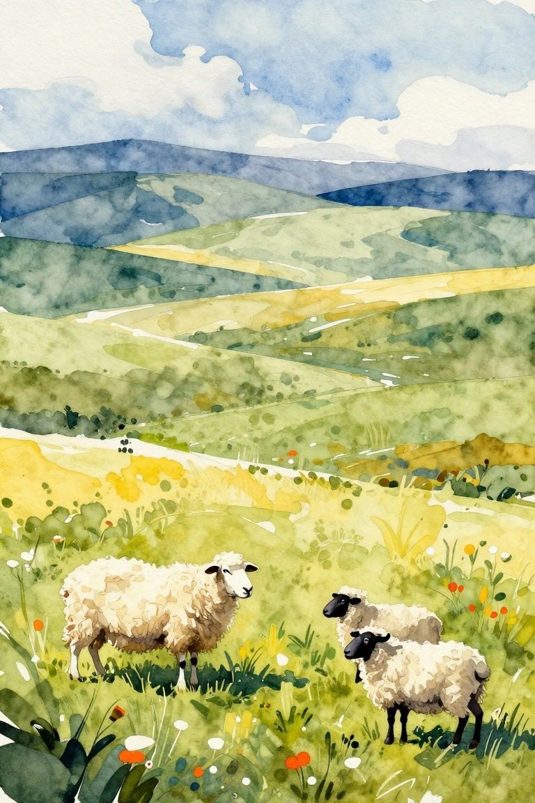 Watercolor landscape of three sheep standing amid rolling green and yellow hills with wildflowers.