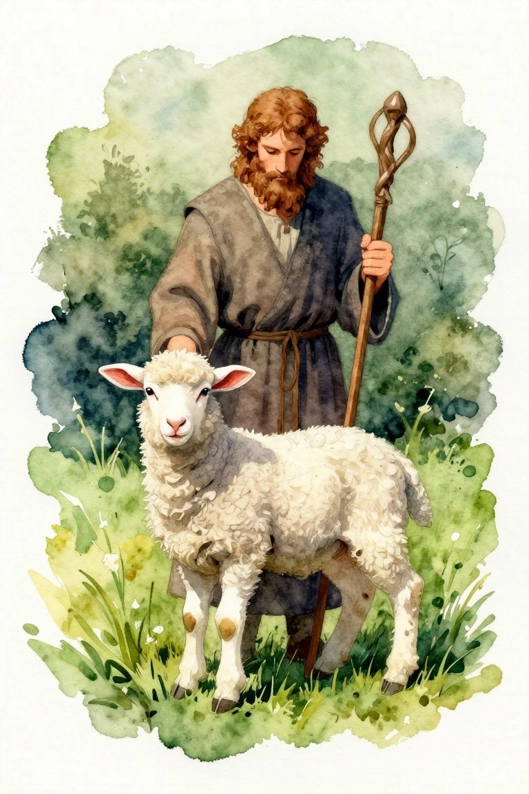 Watercolor of robed bearded man with staff beside white lamb on grassy green background