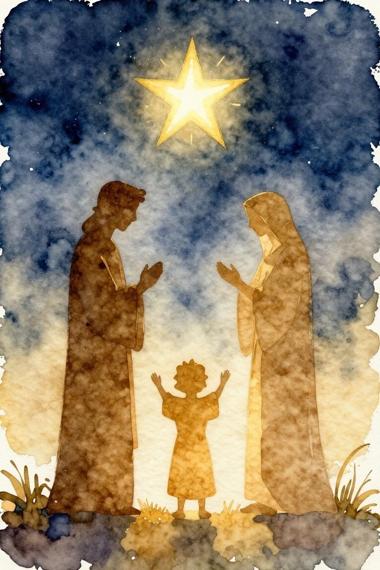 Watercolor painting of three silhouetted figures under a large glowing star in a dark blue night sky.