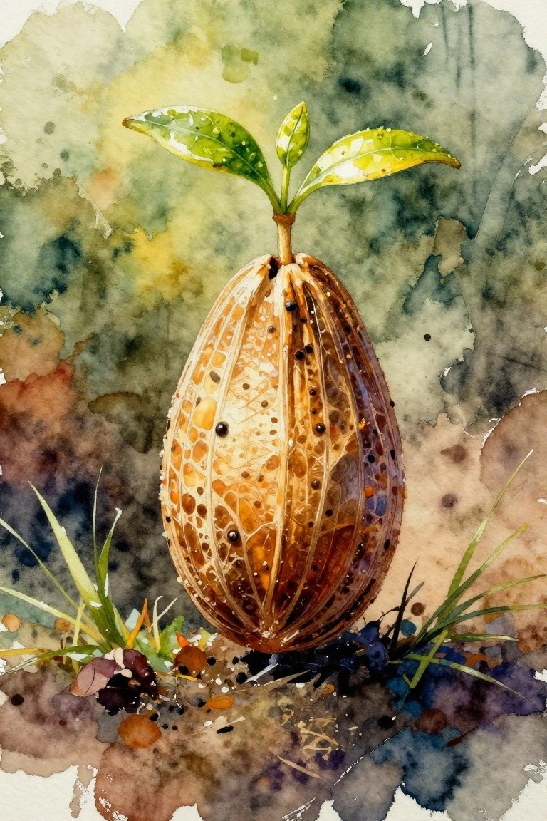 Watercolor painting of a brown textured seed pod with sprouting green leaves.