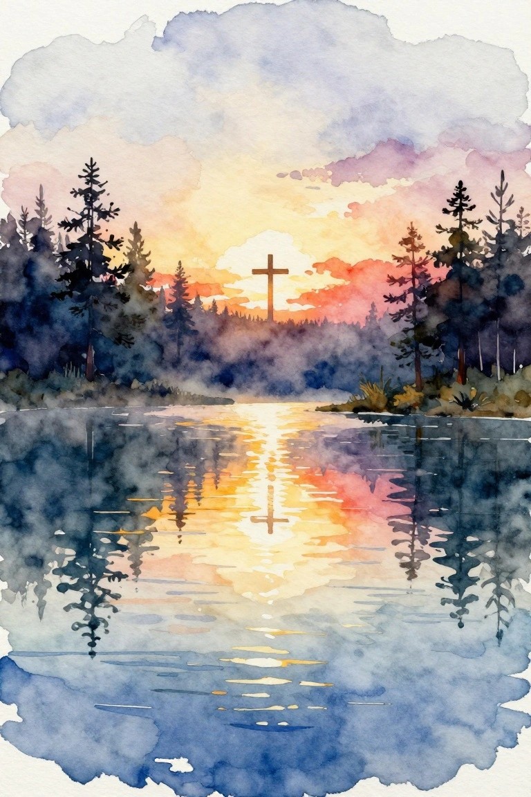 Watercolor landscape showing a wooden cross centered at sunset over a lake, with dark pine trees on both sides and their reflections in the water below.