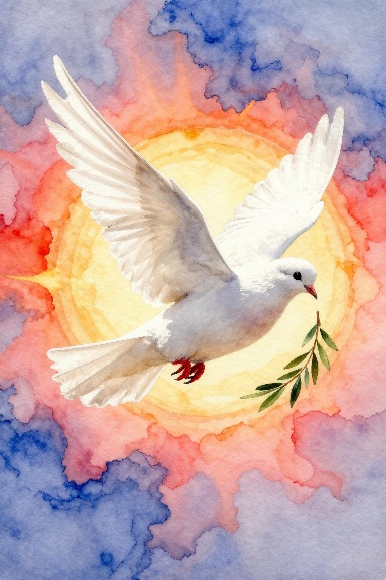 White dove with olive branch flies across vibrant watercolor sky with yellow glow.