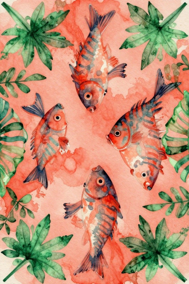 Watercolor painting of red-orange fish swimming among green tropical leaves on coral background
