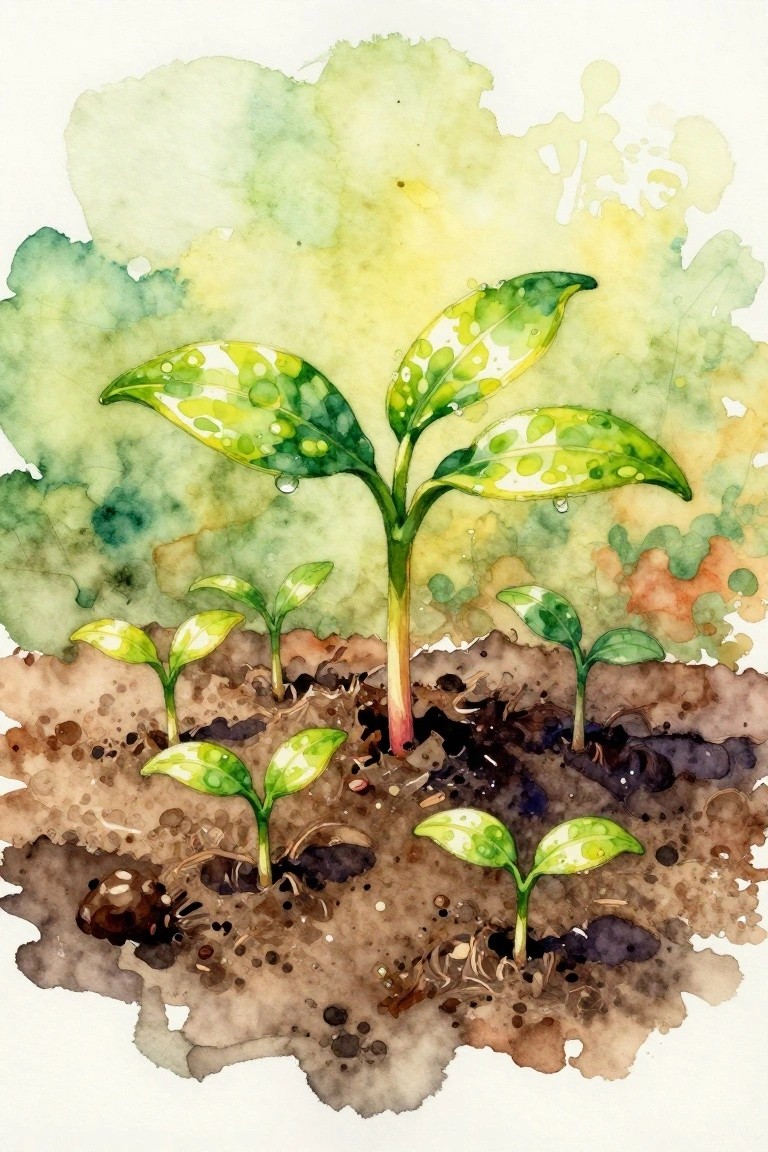 Watercolor painting of dewy green seedlings sprouting from textured brown soil.