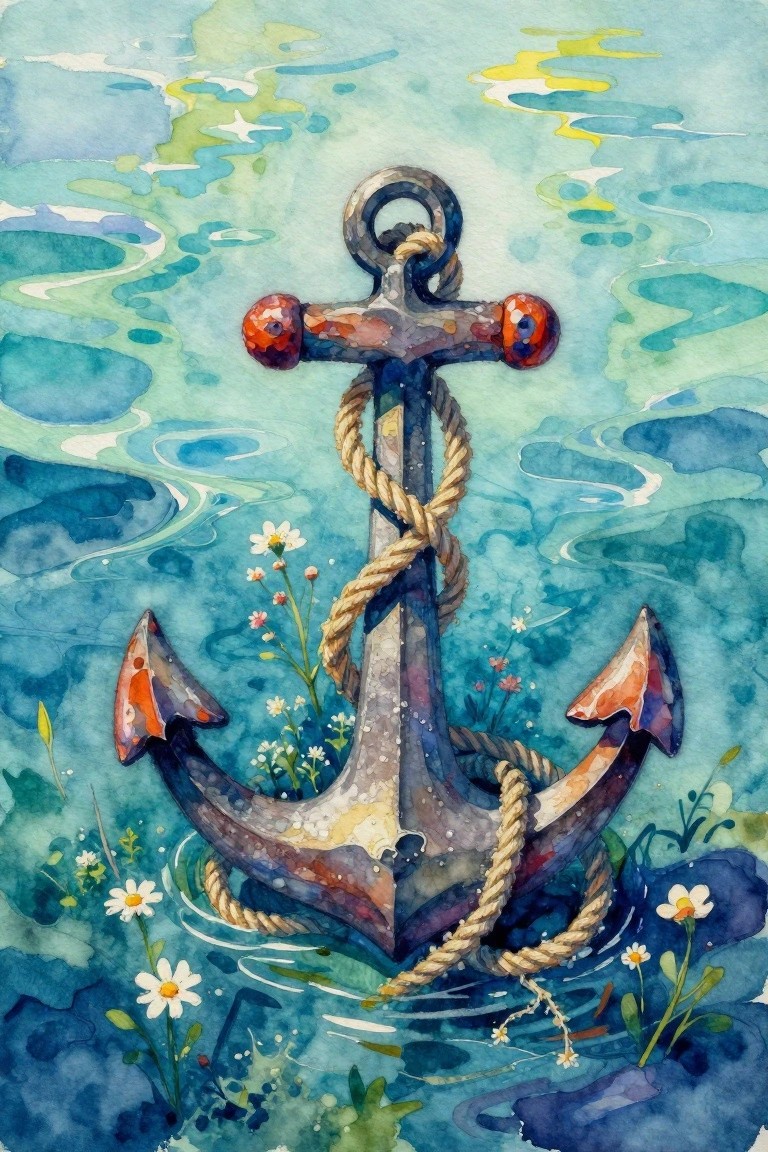 Watercolor anchor wrapped in rope amid blue waves with small wildflowers nearby