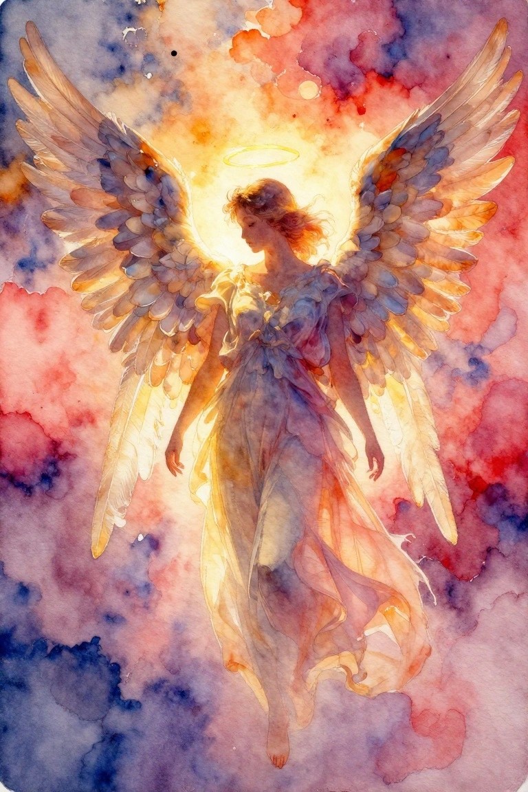 Winged angel in flowing dress with halo amid vibrant watercolor sunset clouds
