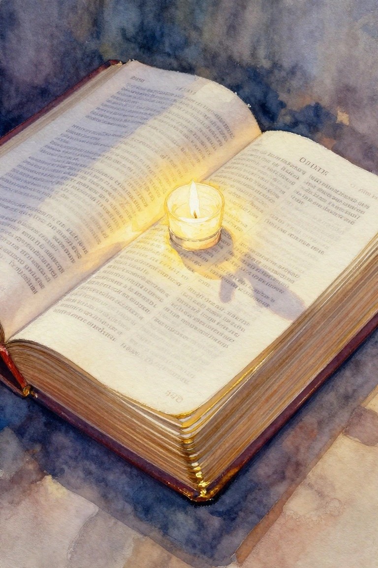 Watercolor painting of an open book with a lit candle on its pages.