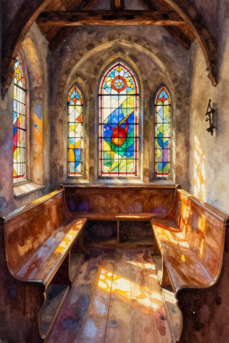 Church interior with vibrant stained glass windows and sunlit wooden pews
