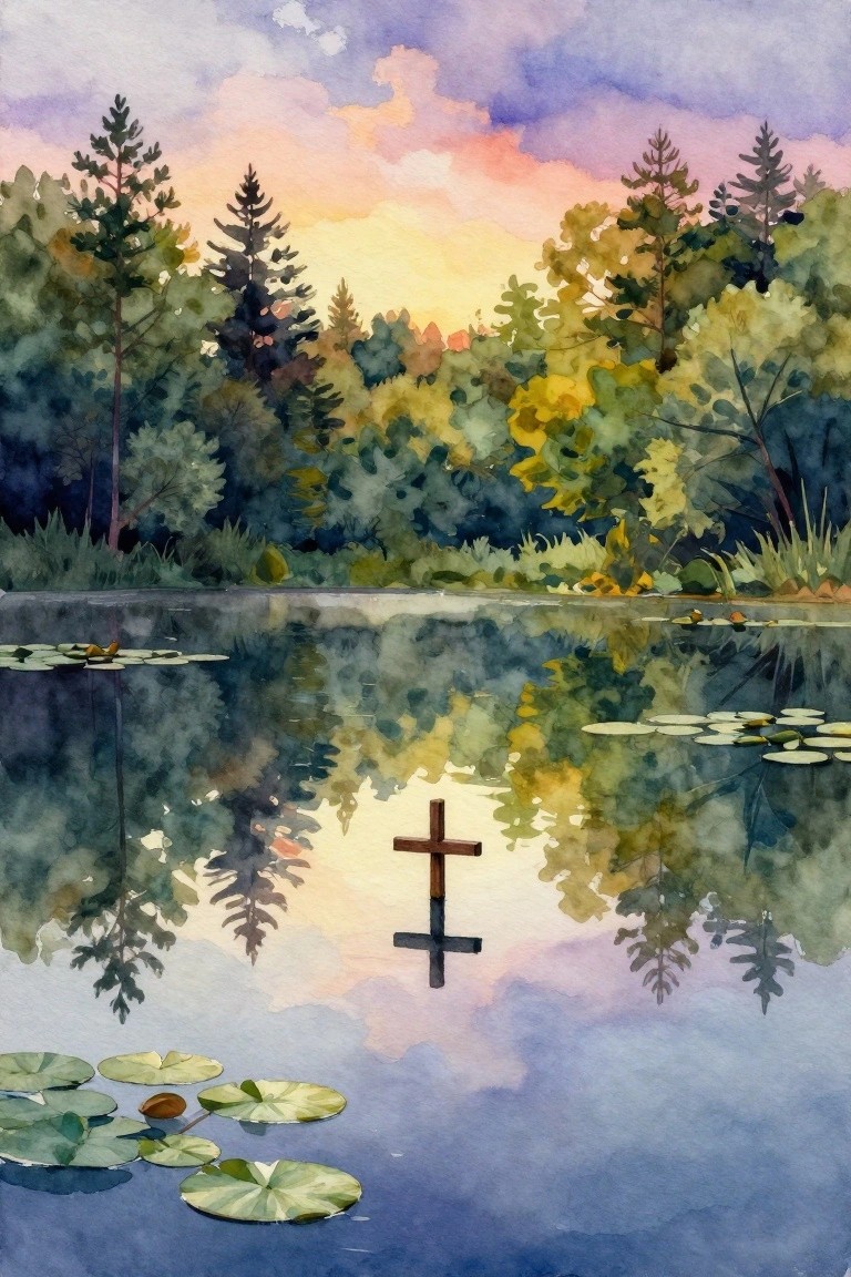 A watercolor painting of a cross in a pond with lily pads, trees, and a sunset sky reflected in the water.