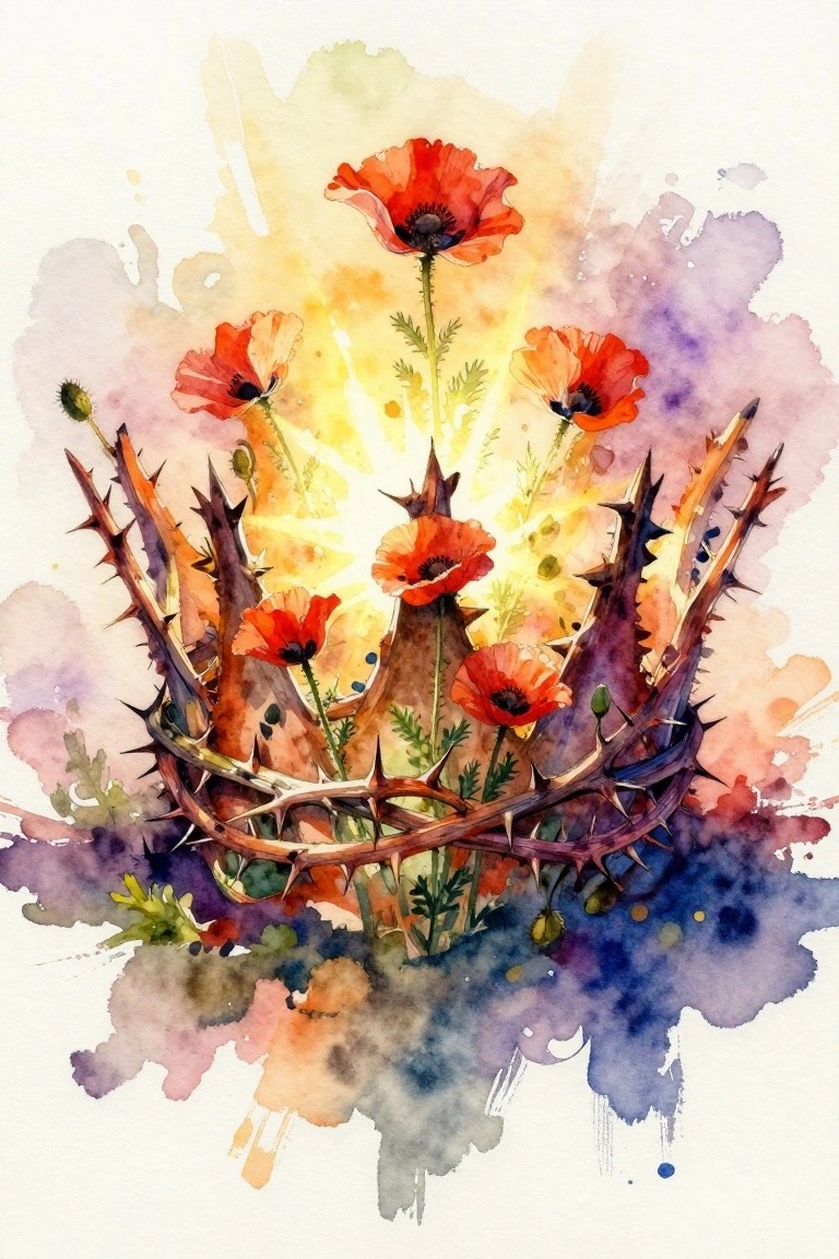 Watercolor of red poppies blooming from thorny crown amid vibrant colorful splashes and light rays