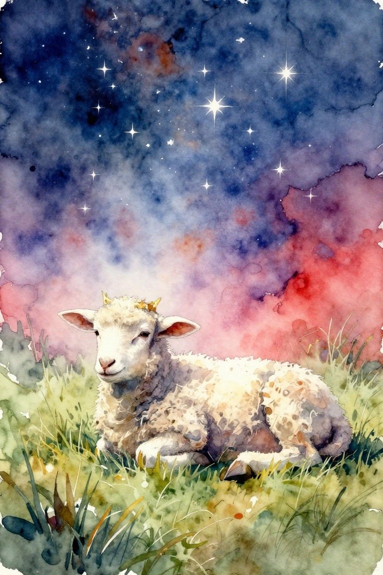 A watercolor painting of a white lamb wearing a golden crown lying in green grass under a starry sky with blue, purple, and red clouds.