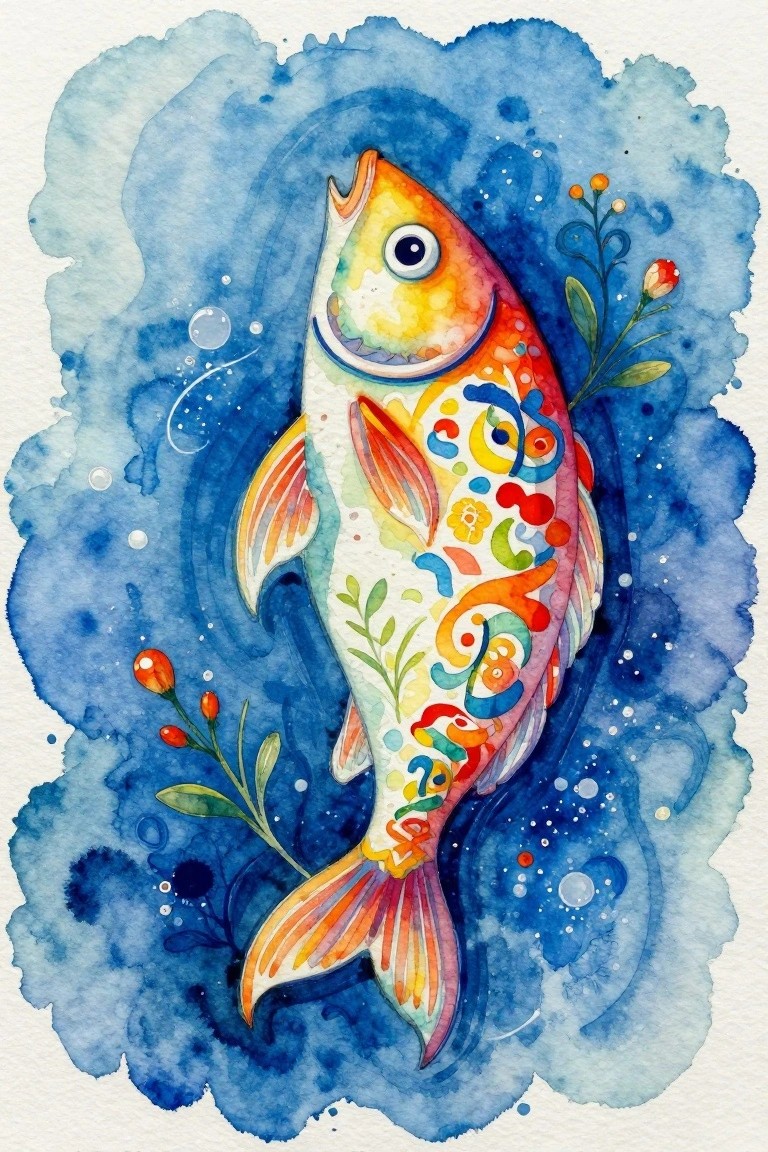 A watercolor painting of a colorful fish covered in bright patterns, set against a blue abstract background with small plants and bubbles.