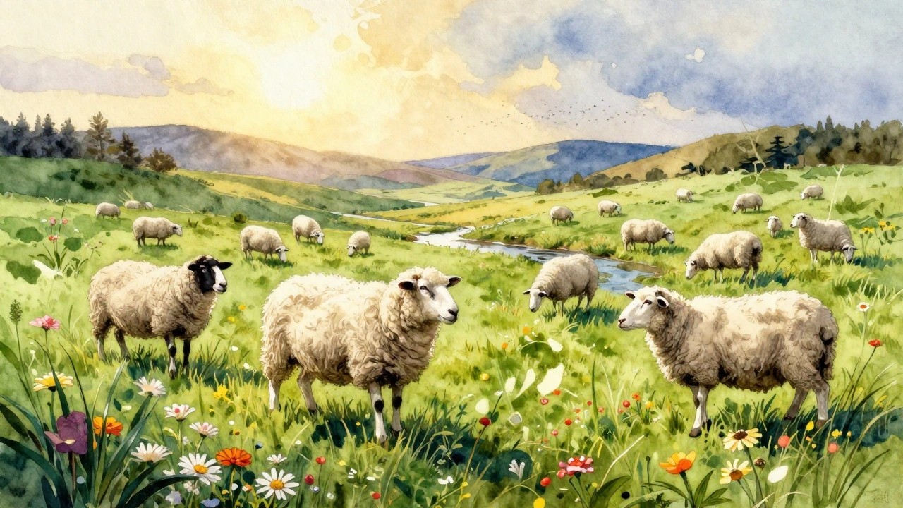 Watercolor landscape of sheep grazing by a stream amid wildflowers and rolling hills