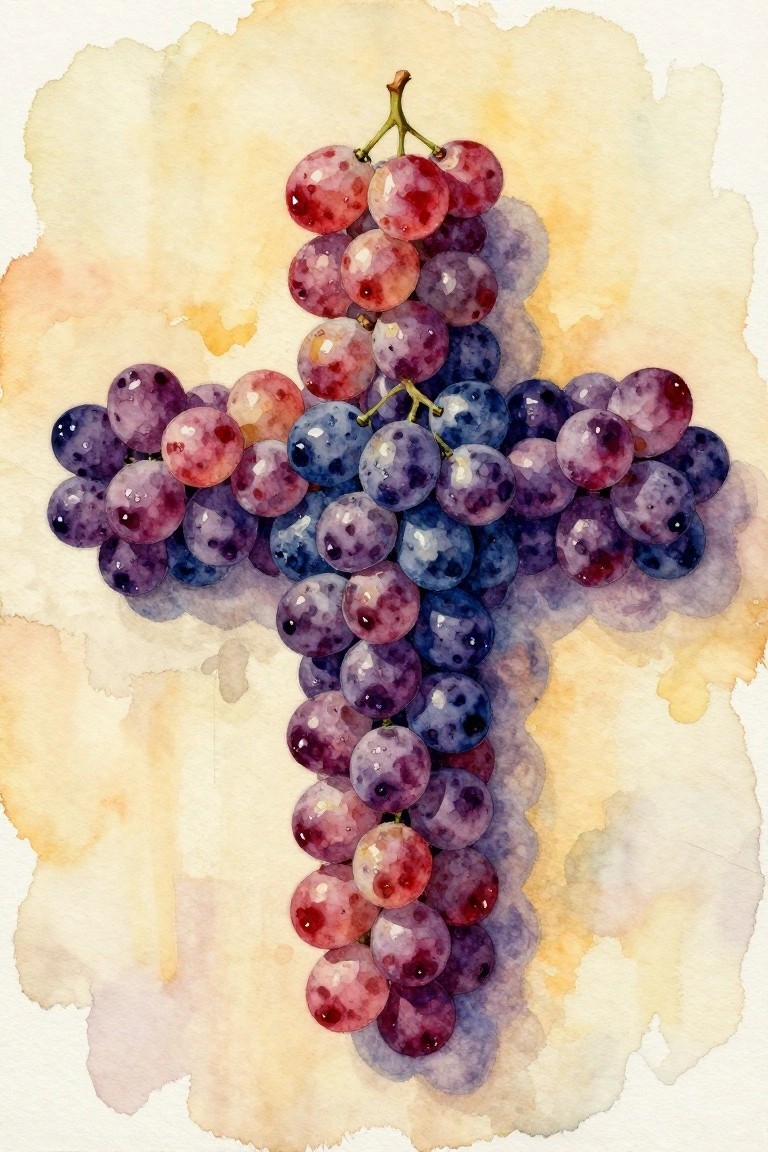 Watercolor painting of purple and red grapes forming a cross on a yellow background.