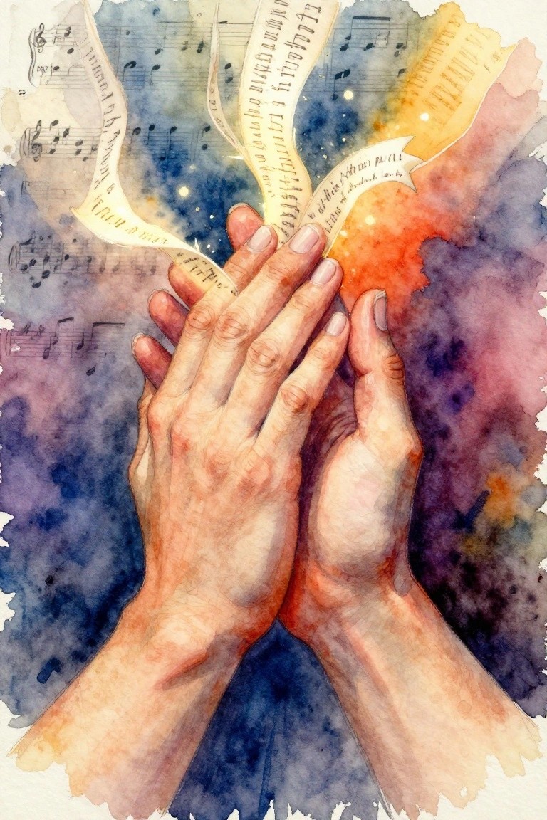Hands clasped together with sheets of music floating upward against a watercolor starry background.
