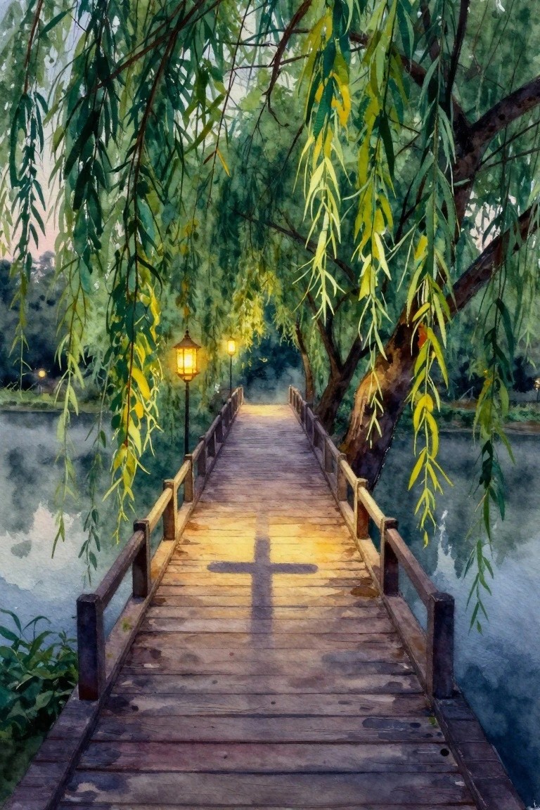 Watercolor of wooden bridge with cross shadow, glowing lanterns, and weeping willow branches over misty water