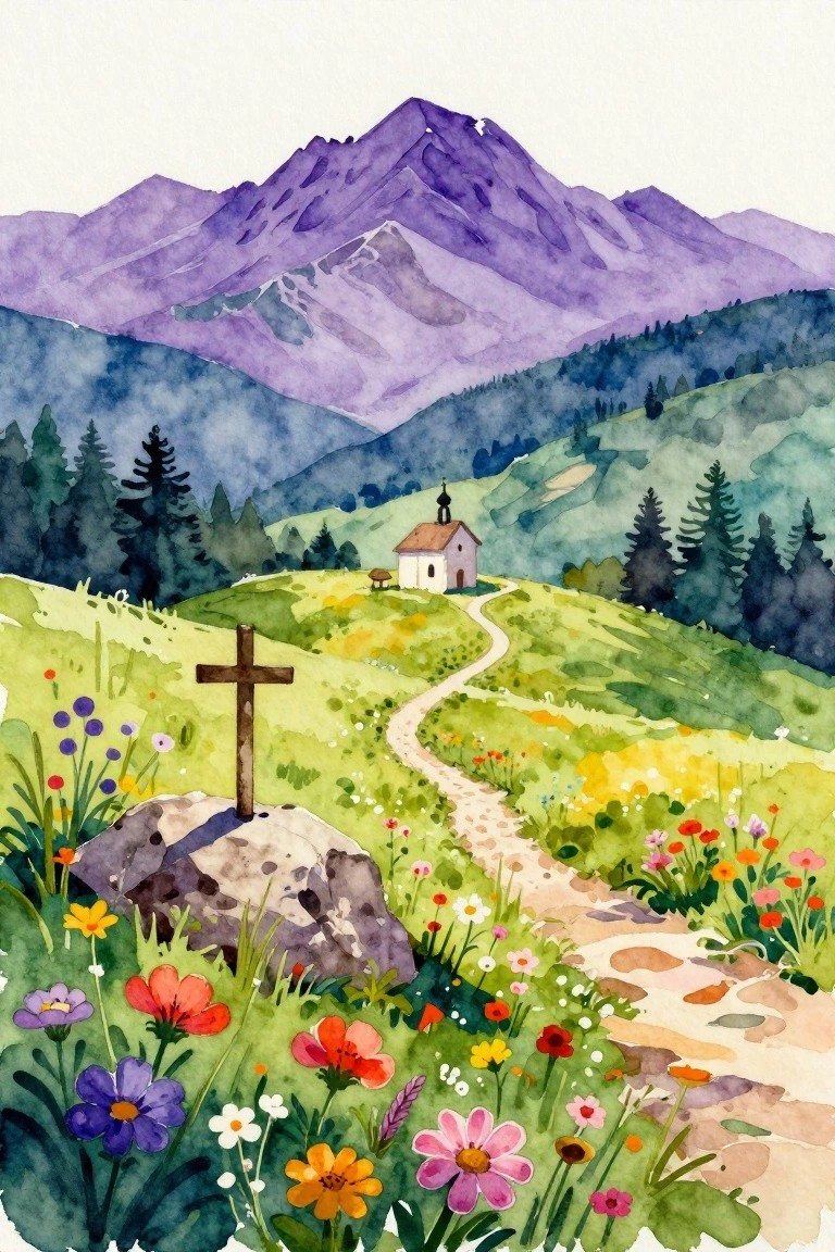 Watercolor alpine landscape with chapel, winding path, stone cross, and vibrant wildflowers