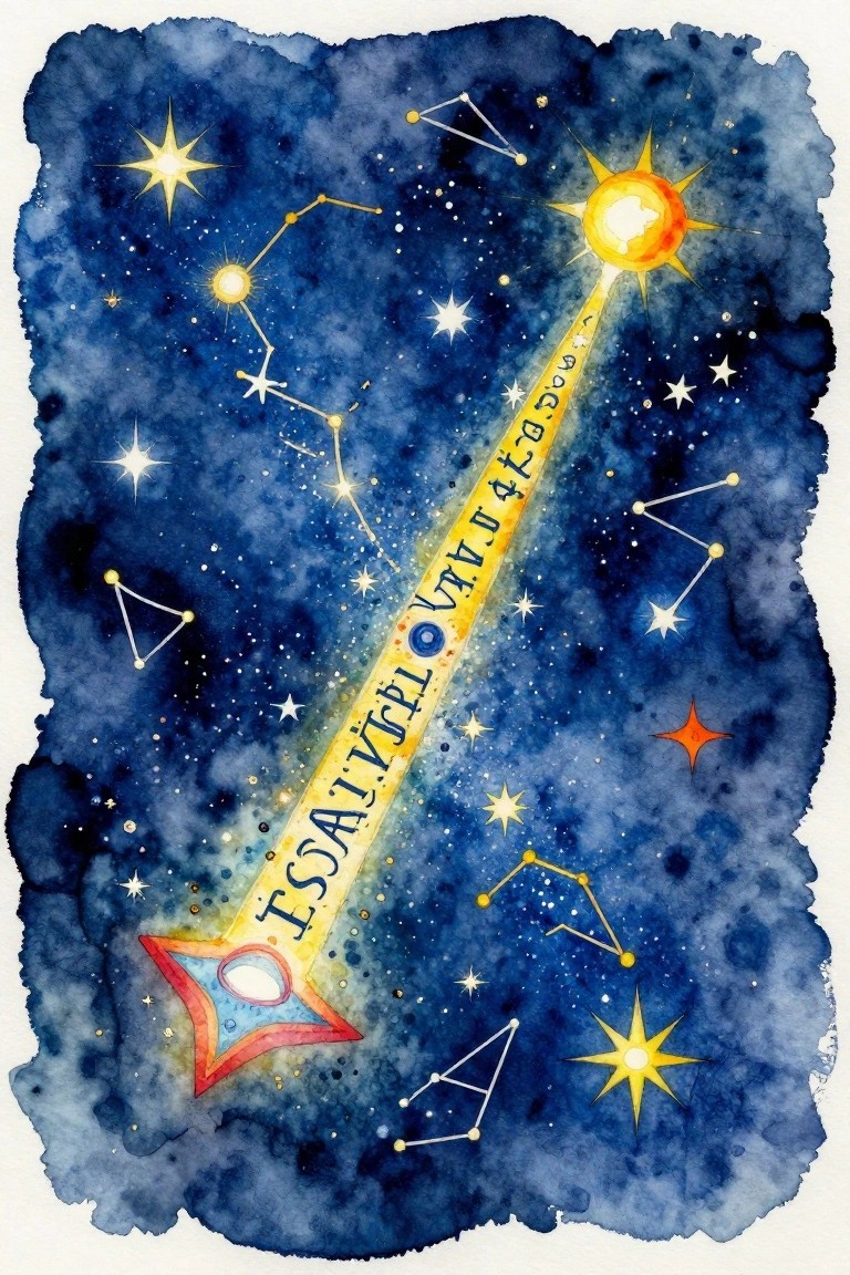 Watercolor night sky with constellations, stars, bright sun, and yellow text banner.