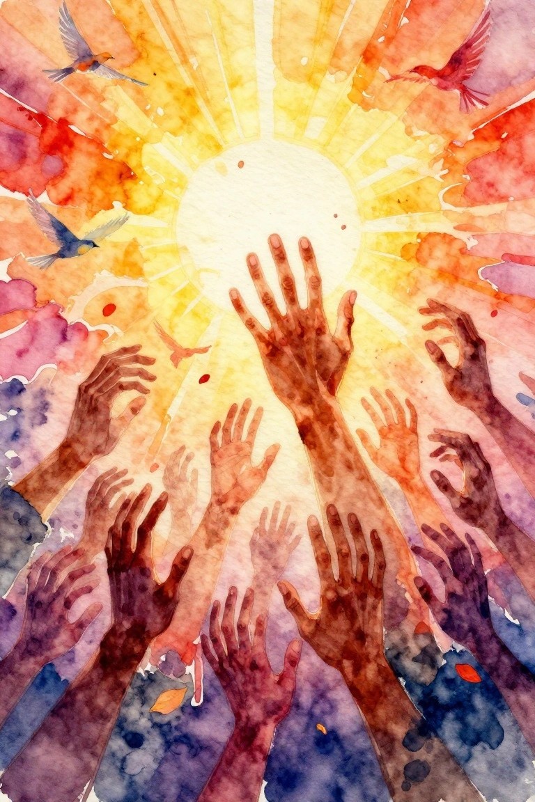 Vibrant watercolor of diverse hands reaching toward glowing sun with flying birds