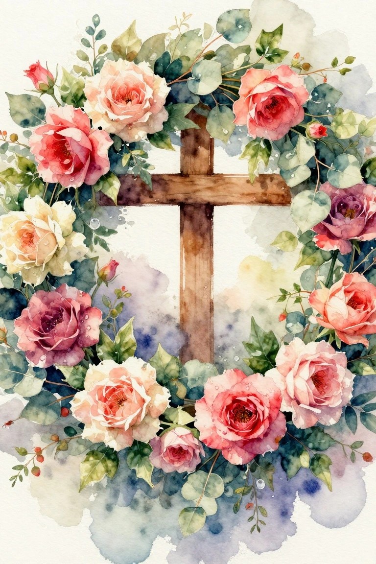 Wooden cross encircled by pink peach roses and green leaves in watercolor style