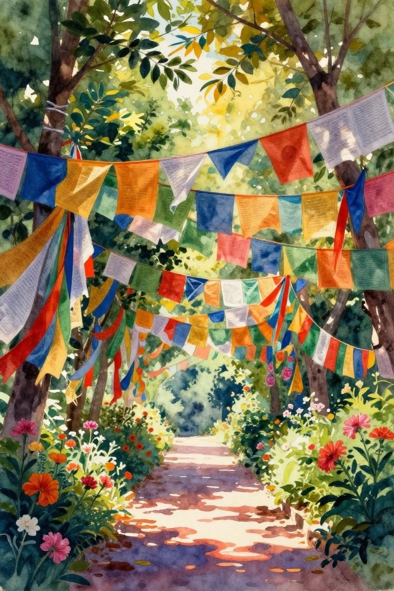 A watercolor painting of a dirt path through green trees with many colorful rectangular flags and banners hanging between the trunks, flowers along both sides of the path.