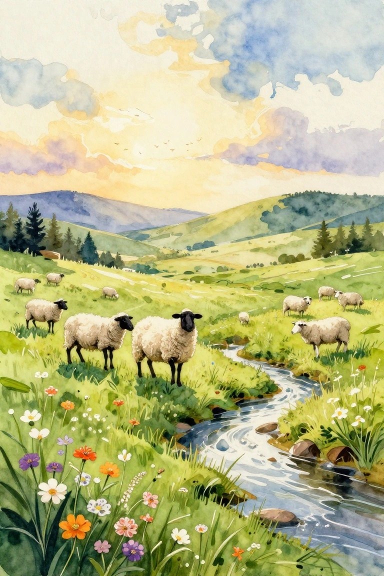 Watercolor landscape of sheep grazing by a stream amid wildflowers and rolling hills