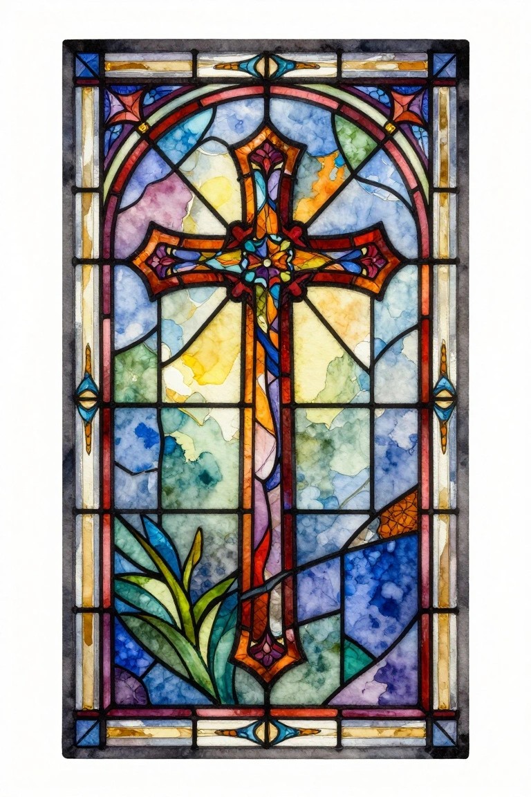 Stained glass window with ornate central cross amid vibrant colorful patterns and plants.