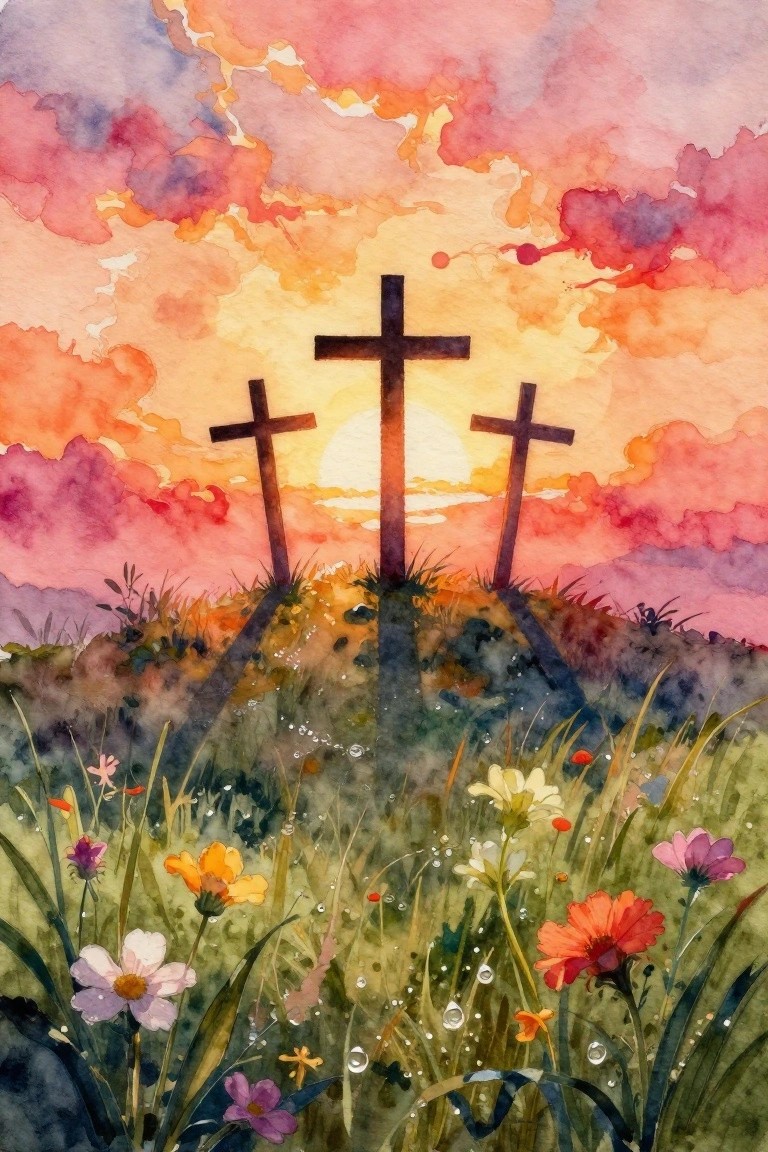 Three crosses on a hill under vibrant pink-orange sunset sky with wildflowers below.