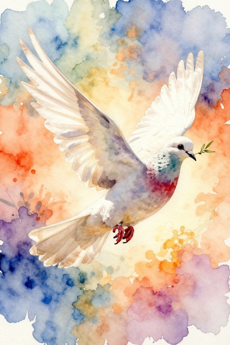 A white dove in flight with an olive branch in its beak against a colorful abstract watercolor background.