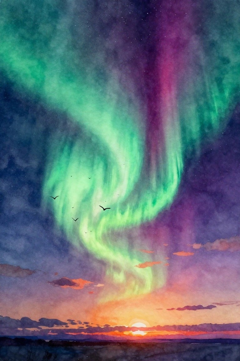 Watercolor of green-purple aurora borealis over orange sunset with flying birds.