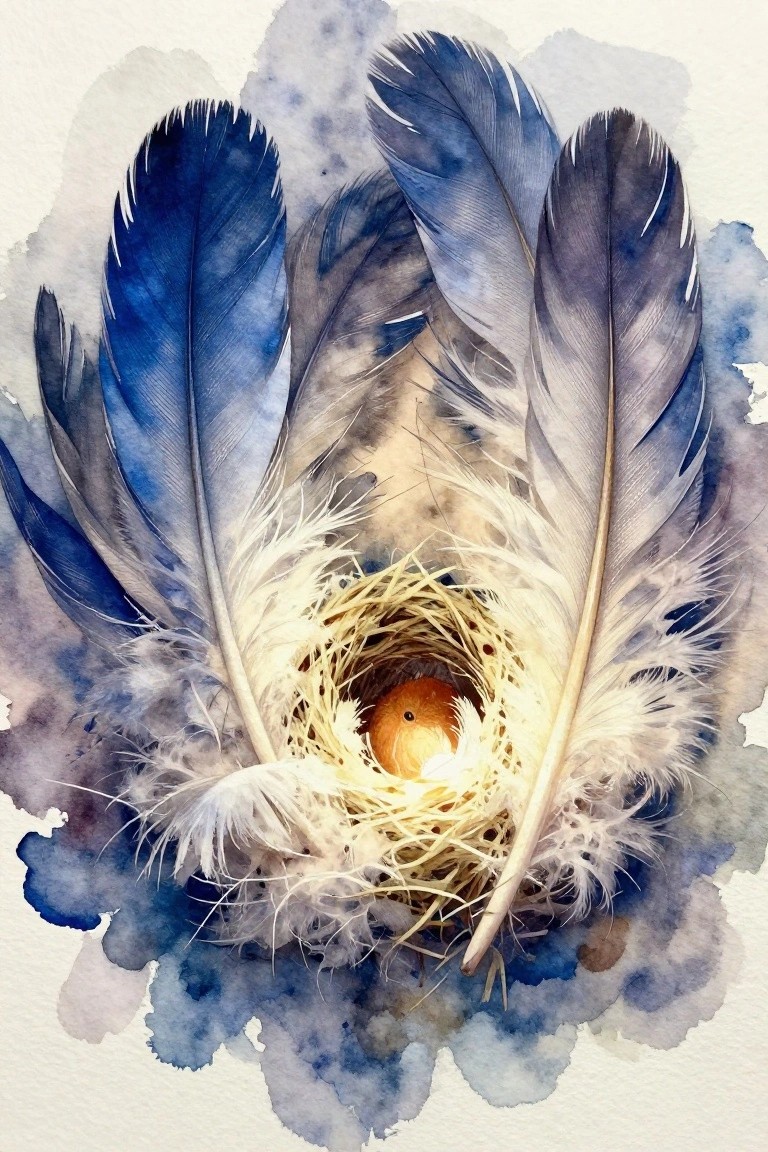 Watercolor of a nest with an orange bird nestled among blue and white feathers.