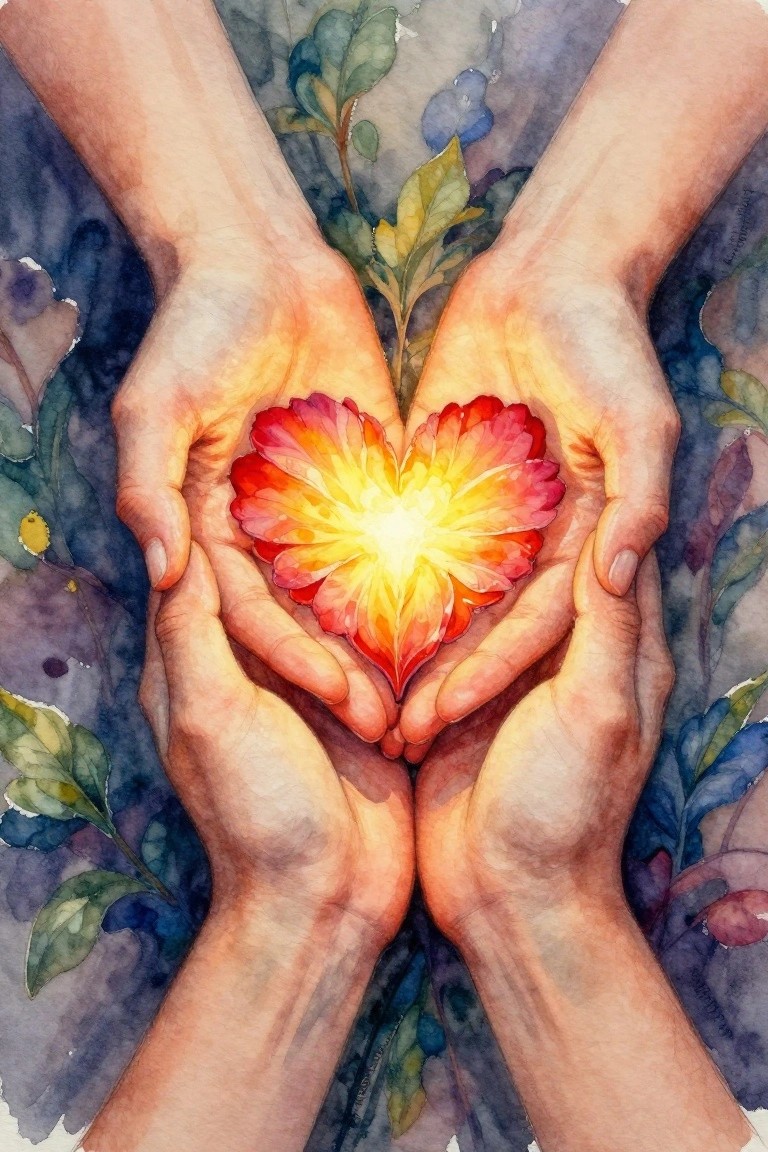 Watercolor painting of hands cradling a glowing heart-shaped red-yellow flower