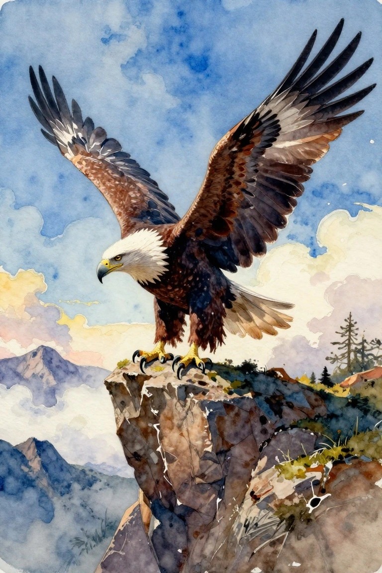 Bald eagle with outstretched wings perched on rocky cliff, watercolor style