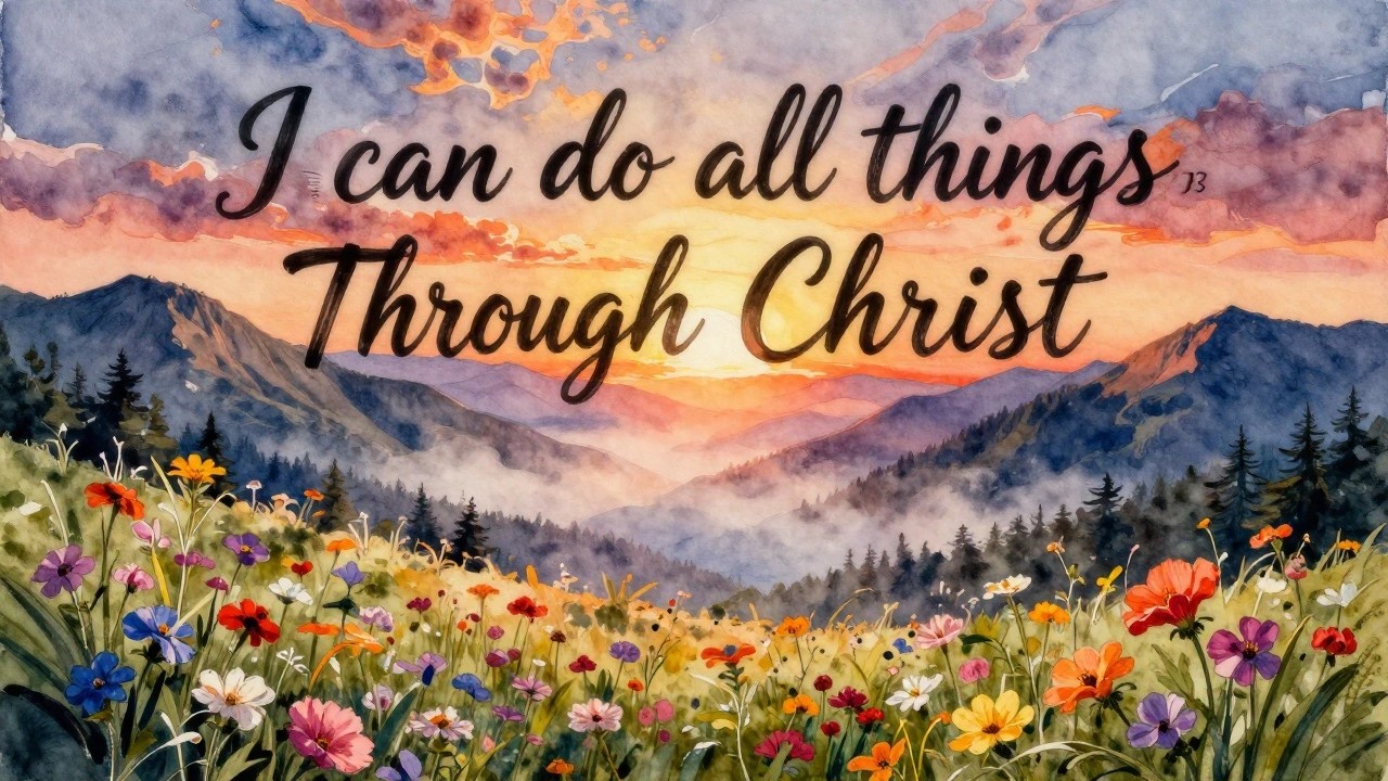 Watercolor sunset over misty mountains with vibrant wildflower meadow and overlaid quote