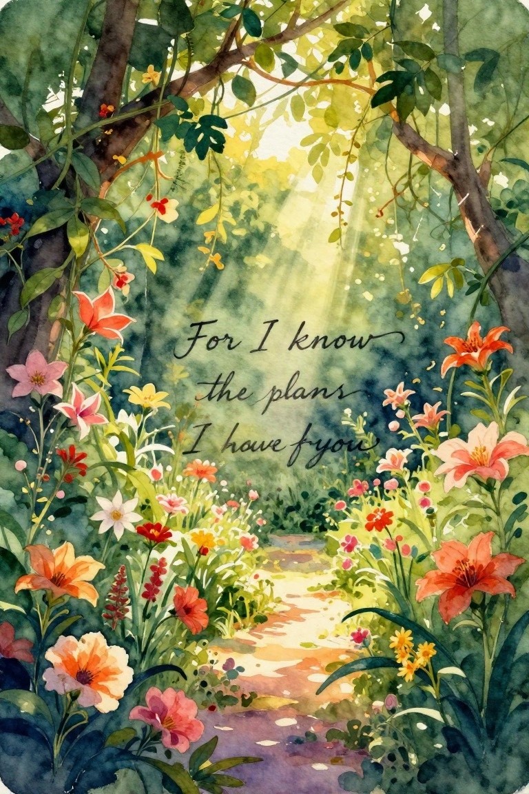 Watercolor forest path with colorful flowers, sunlight rays, and cursive text overlay.