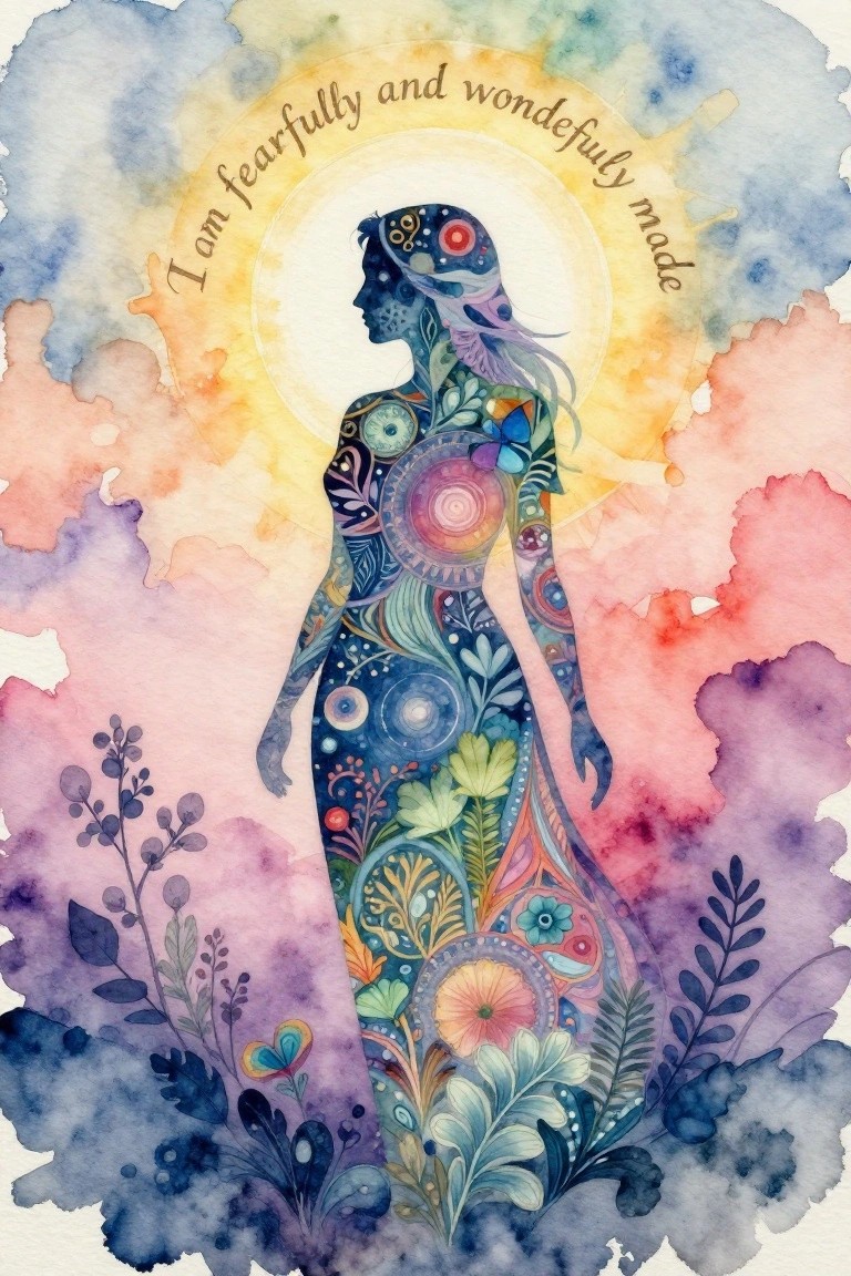 A watercolor painting shows a woman's side-profile silhouette filled with colorful flowers, leaves, and circular patterns, with the text 
