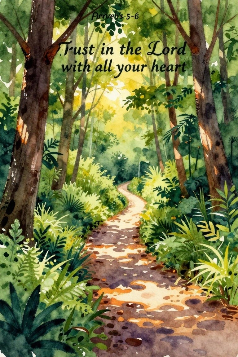 Watercolor forest path with sunlight and 