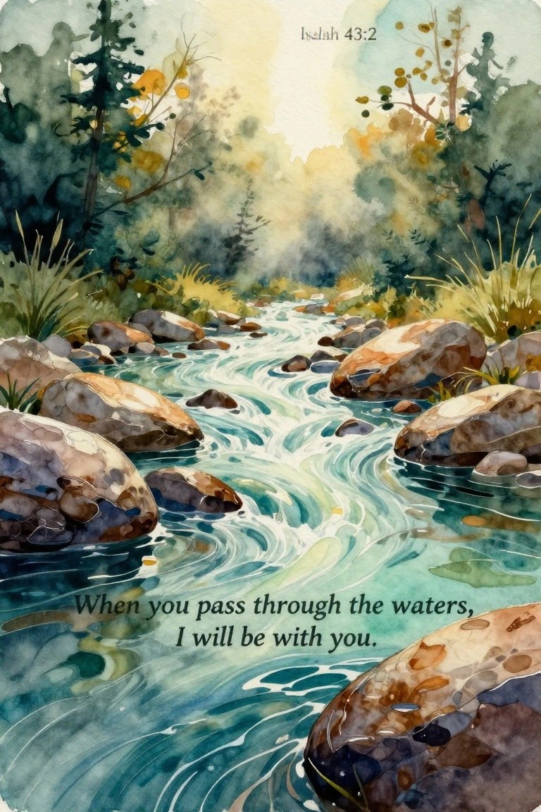 Watercolor painting of a river flowing over rocks with trees and the text of Isaiah 43:2.