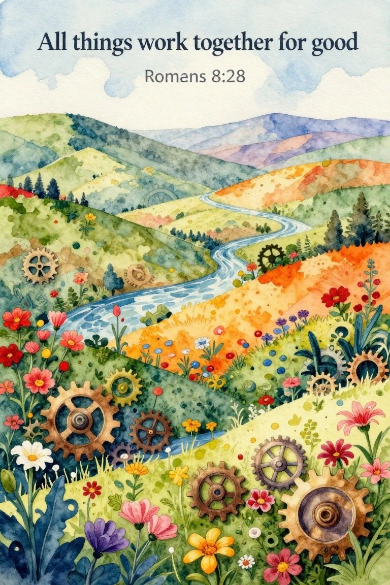 Watercolor landscape with rolling hills, winding river, wildflowers, gears, and Romans 8:28 quote