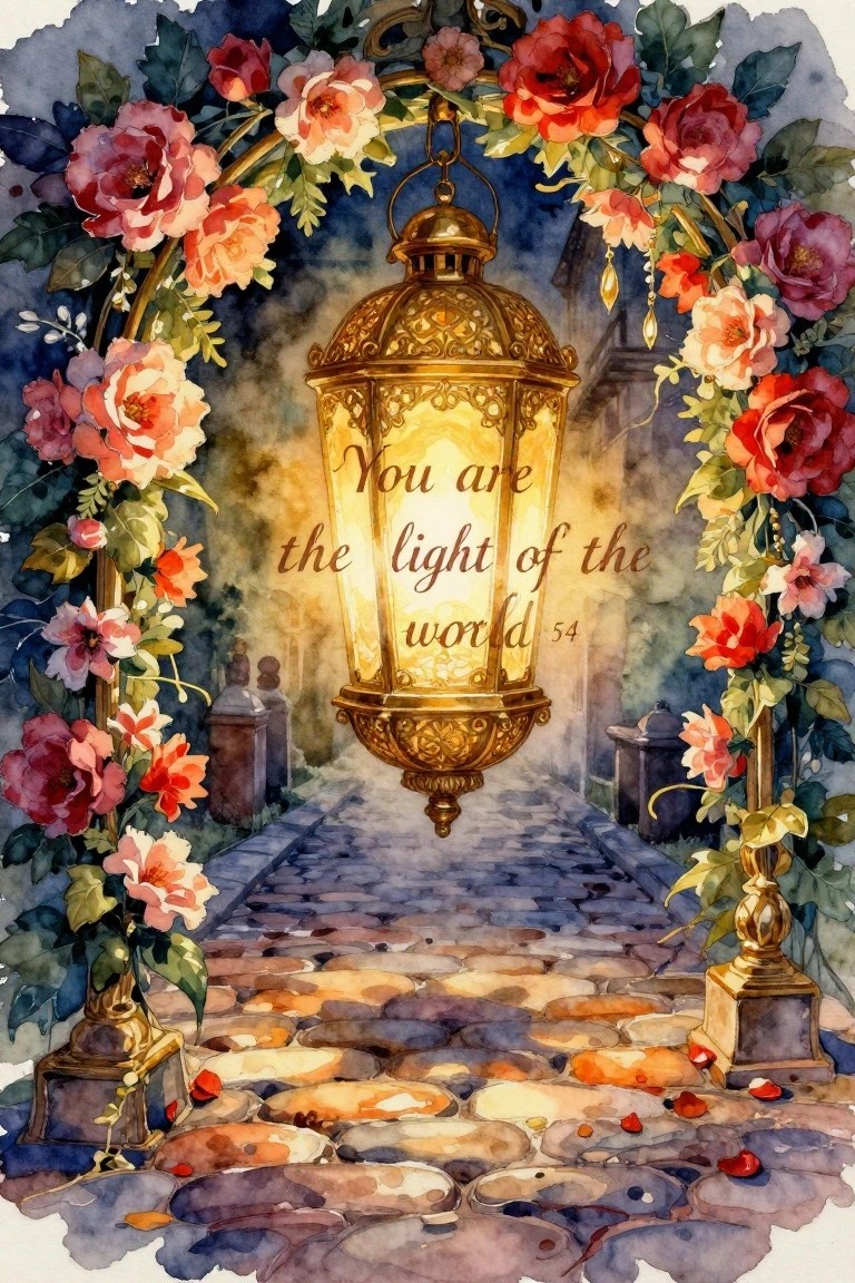 Glowing ornate lantern with text amid rose arch over cobblestone path in watercolor