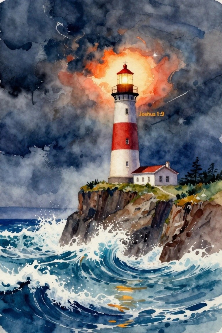 A watercolor painting of a red and white striped lighthouse on a rocky cliff with waves below and a bright sunburst through dark clouds, with Joshua 1:9 text in the sky.